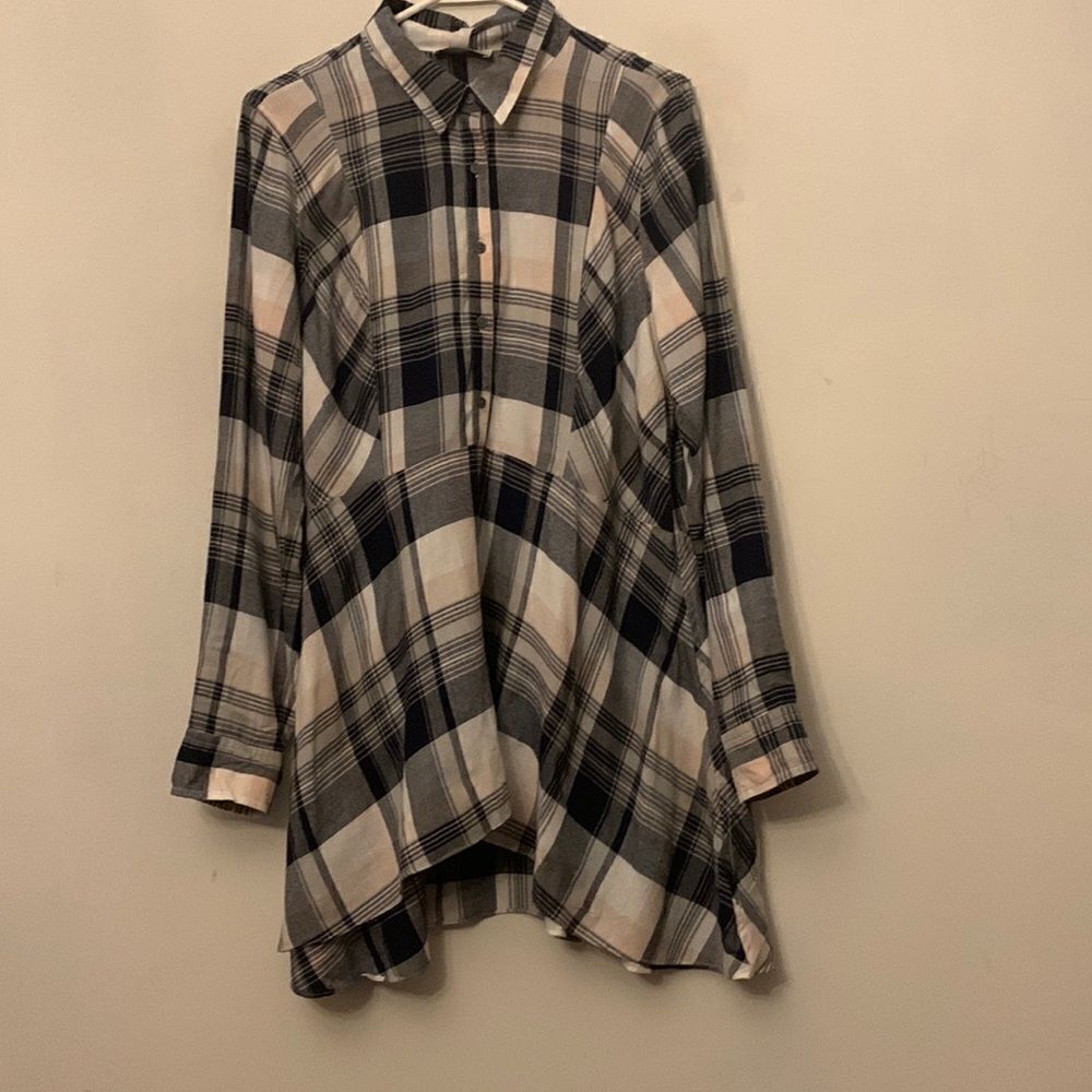 Vintage America navy pink white plaid tunic with rollable sleeves Size L NWT